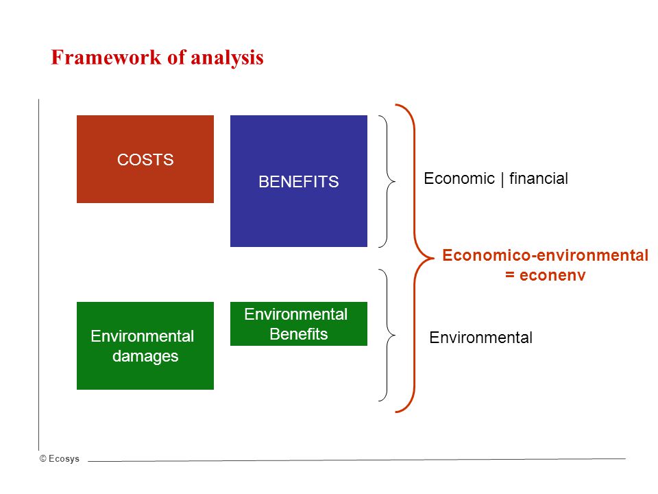 © Ecosys Framework of analysis COSTS BENEFITS Economic | financial Environmental damages Environmental Benefits Environmental Economico-environmental = econenv