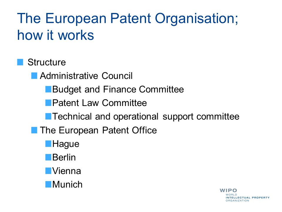 The European Patent Organisation; how it works Structure Administrative Council Budget and Finance Committee Patent Law Committee Technical and operational support committee The European Patent Office Hague Berlin Vienna Munich