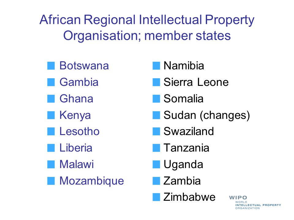 African Regional Intellectual Property Organisation; member states Botswana Gambia Ghana Kenya Lesotho Liberia Malawi Mozambique Namibia Sierra Leone Somalia Sudan (changes) Swaziland Tanzania Uganda Zambia Zimbabwe