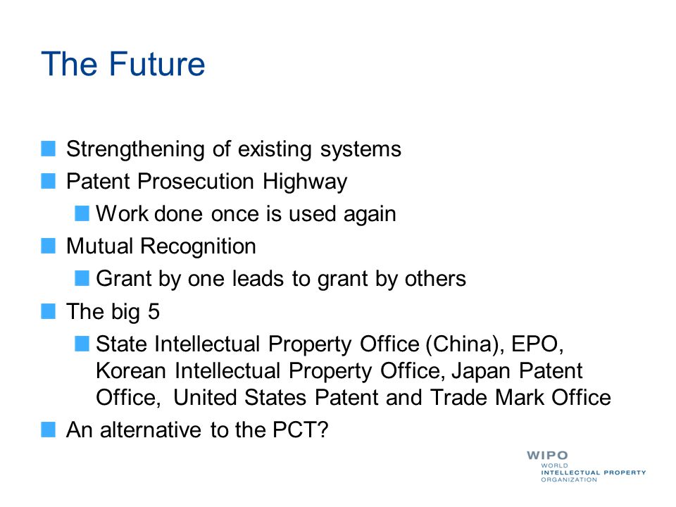 The Future Strengthening of existing systems Patent Prosecution Highway Work done once is used again Mutual Recognition Grant by one leads to grant by others The big 5 State Intellectual Property Office (China), EPO, Korean Intellectual Property Office, Japan Patent Office, United States Patent and Trade Mark Office An alternative to the PCT