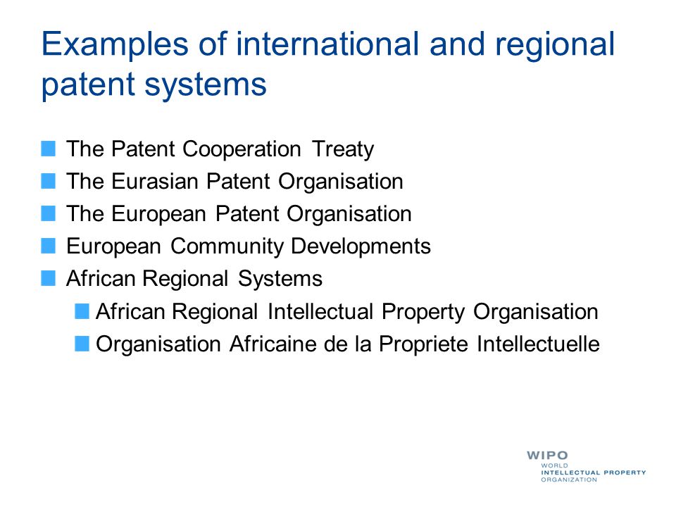 Examples of international and regional patent systems The Patent Cooperation Treaty The Eurasian Patent Organisation The European Patent Organisation European Community Developments African Regional Systems African Regional Intellectual Property Organisation Organisation Africaine de la Propriete Intellectuelle