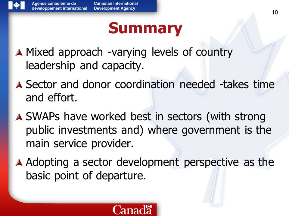 10 Summary Mixed approach -varying levels of country leadership and capacity.