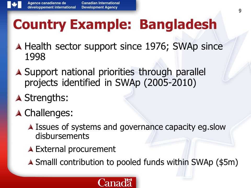 9 9 9 Country Example: Bangladesh Health sector support since 1976; SWAp since 1998 Support national priorities through parallel projects identified in SWAp ( ) Strengths: Challenges: Issues of systems and governance capacity eg.slow disbursements External procurement Smalll contribution to pooled funds within SWAp ($5m)