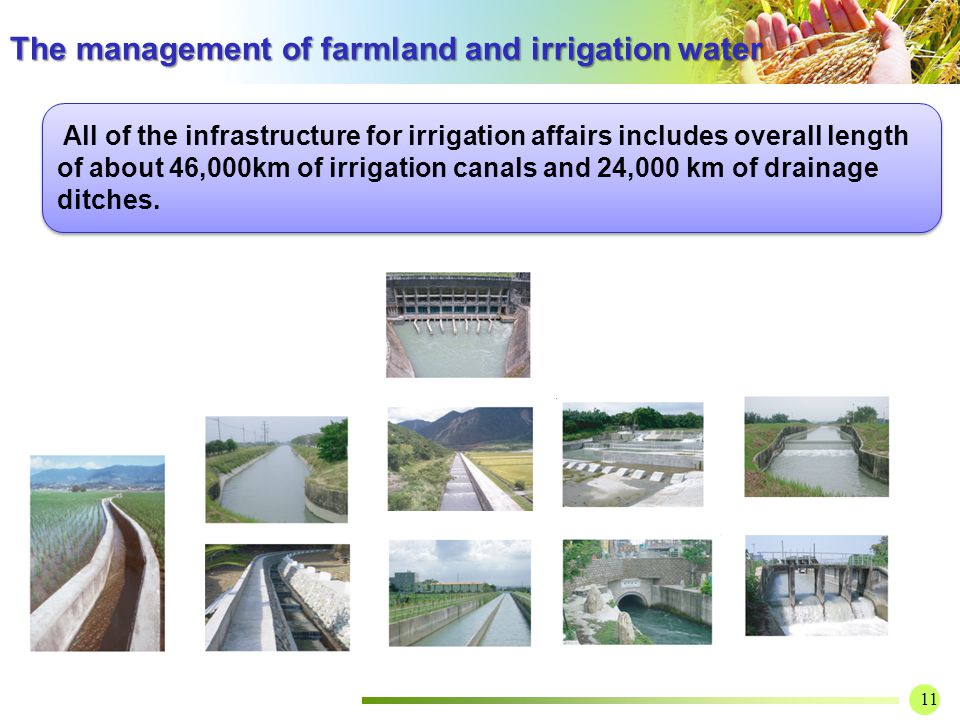 11 All of the infrastructure for irrigation affairs includes overall length of about 46,000km of irrigation canals and 24,000 km of drainage ditches.