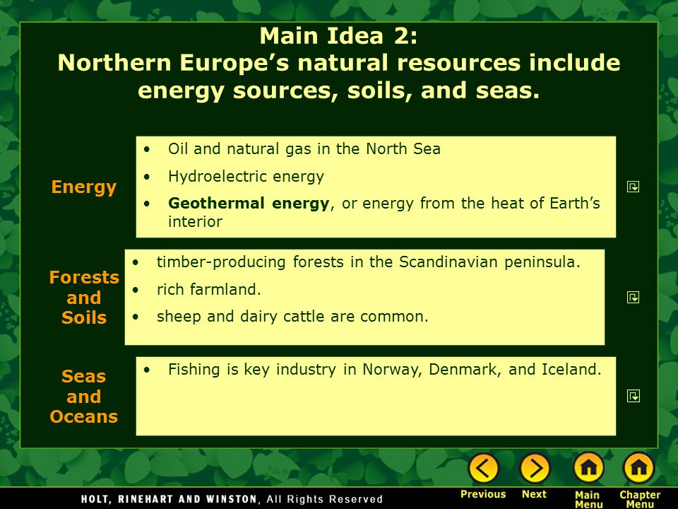 Main Idea 2: Northern Europe’s natural resources include energy sources, soils, and seas.