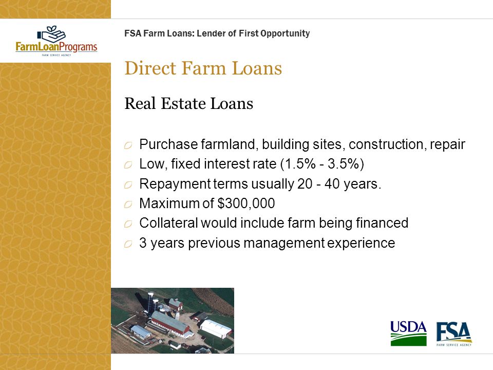 Direct Farm Loans Real Estate Loans Purchase farmland, building sites, construction, repair Low, fixed interest rate (1.5% - 3.5%) Repayment terms usually years.