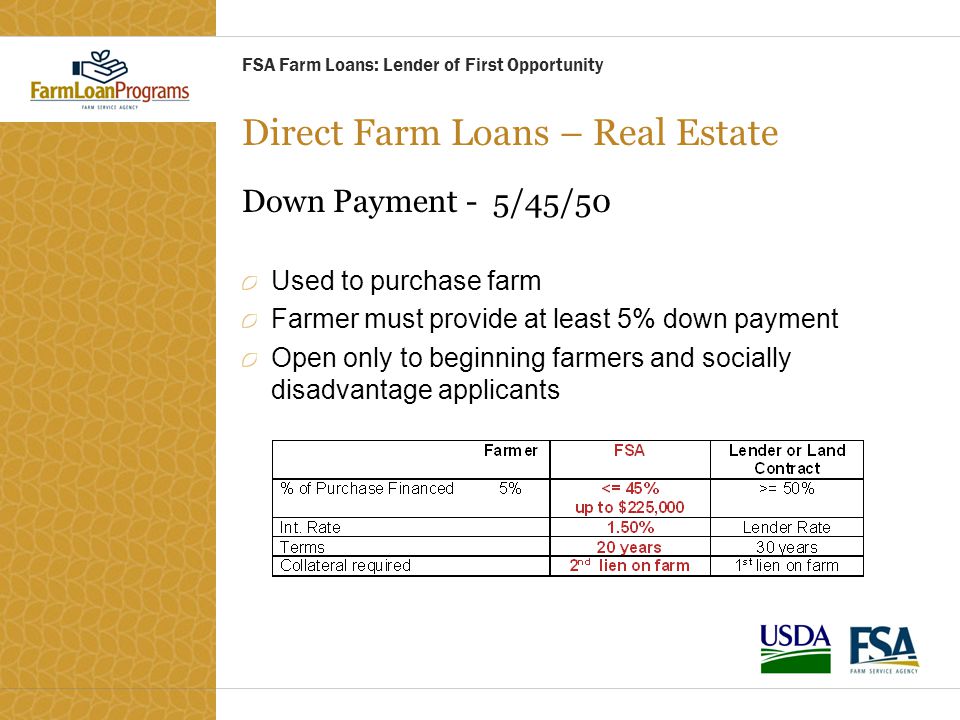 Direct Farm Loans – Real Estate Down Payment - 5/45/50 Used to purchase farm Farmer must provide at least 5% down payment Open only to beginning farmers and socially disadvantage applicants FSA Farm Loans: Lender of First Opportunity