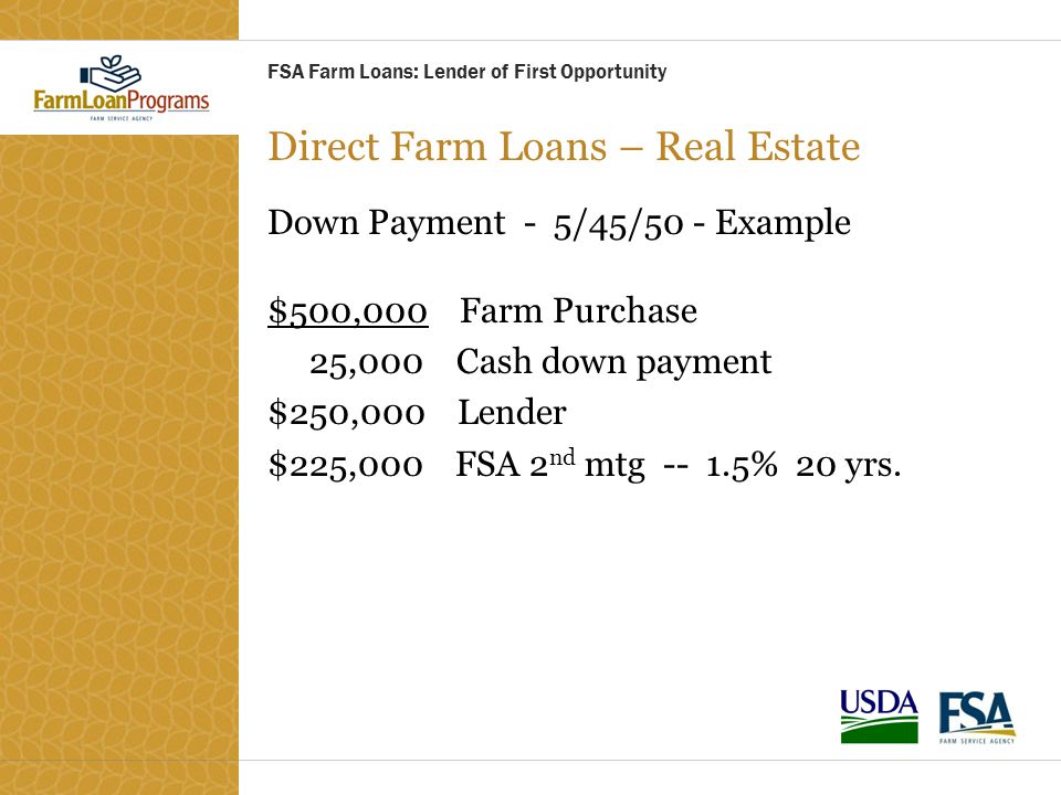 Direct Farm Loans – Real Estate Down Payment - 5/45/50 - Example $500,000 Farm Purchase 25,000 Cash down payment $250,000 Lender $225,000 FSA 2 nd mtg % 20 yrs.