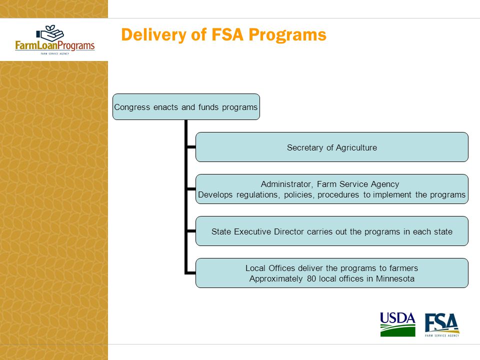 Delivery of FSA Programs Congress enacts and funds programs Secretary of Agriculture Administrator, Farm Service Agency Develops regulations, policies, procedures to implement the programs State Executive Director carries out the programs in each state Local Offices deliver the programs to farmers Approximately 80 local offices in Minnesota