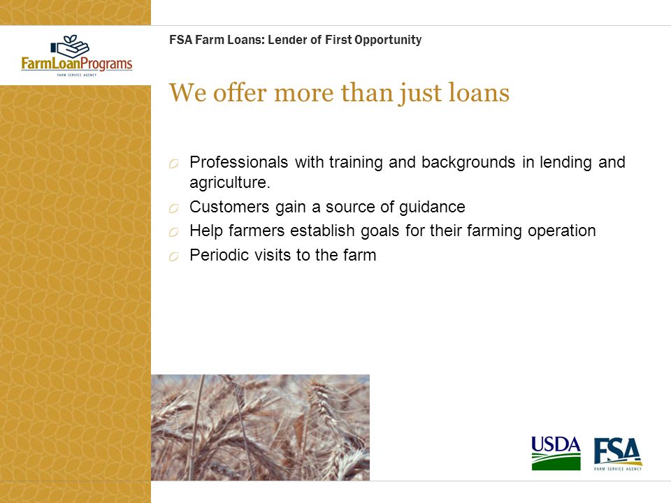 FSA Farm Loans: Lender of First Opportunity We offer more than just loans Professionals with training and backgrounds in lending and agriculture.