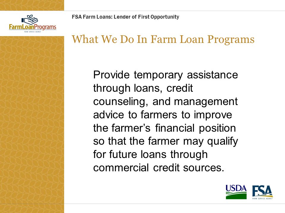 What We Do In Farm Loan Programs FSA Farm Loans: Lender of First Opportunity Provide temporary assistance through loans, credit counseling, and management advice to farmers to improve the farmer’s financial position so that the farmer may qualify for future loans through commercial credit sources.