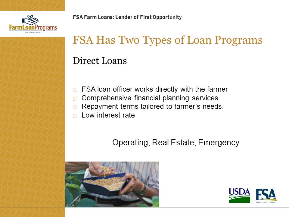 FSA Has Two Types of Loan Programs Direct Loans FSA loan officer works directly with the farmer Comprehensive financial planning services Repayment terms tailored to farmer’s needs.