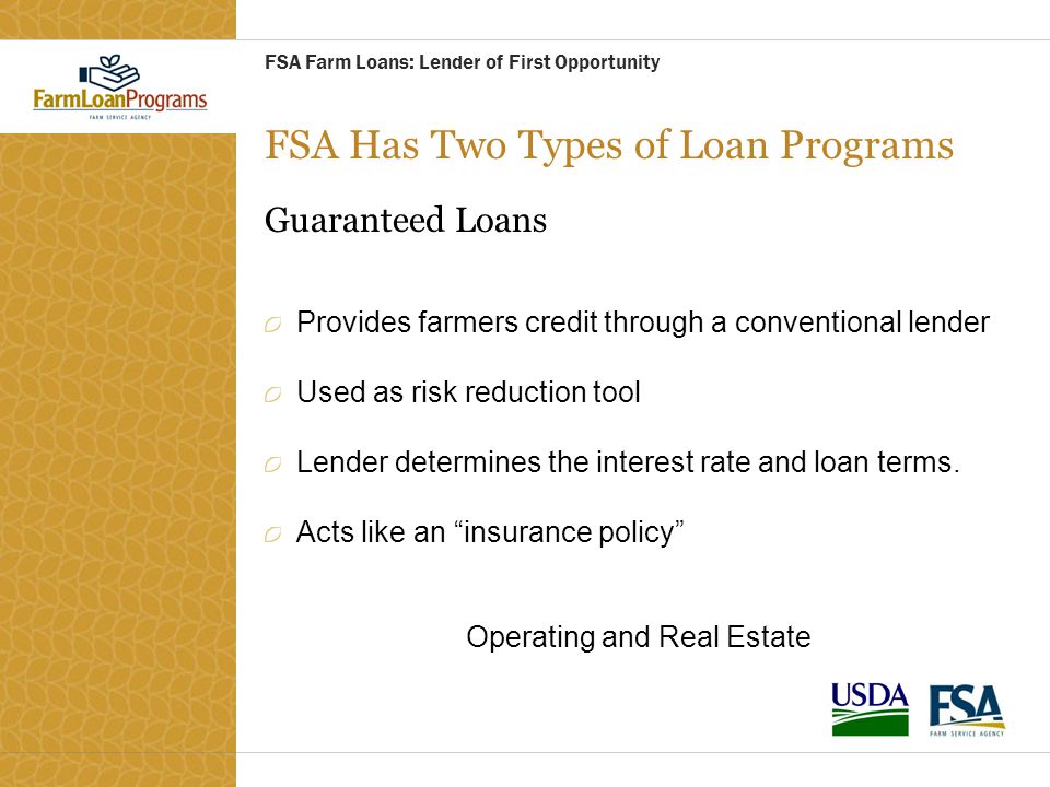 FSA Has Two Types of Loan Programs Guaranteed Loans Provides farmers credit through a conventional lender Used as risk reduction tool Lender determines the interest rate and loan terms.