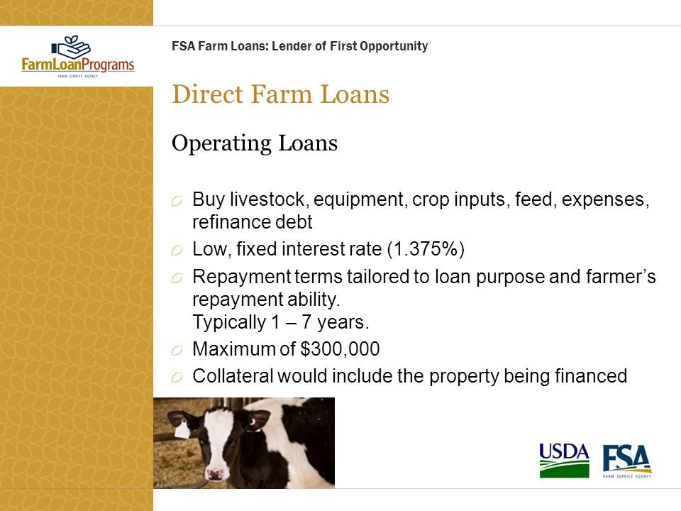Direct Farm Loans Operating Loans Buy livestock, equipment, crop inputs, feed, expenses, refinance debt Low, fixed interest rate (1.375%) Repayment terms tailored to loan purpose and farmer’s repayment ability.