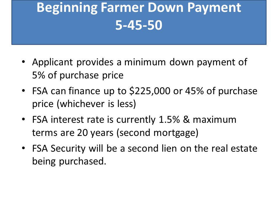 Beginning Farmer Down Payment Applicant provides a minimum down payment of 5% of purchase price FSA can finance up to $225,000 or 45% of purchase price (whichever is less) FSA interest rate is currently 1.5% & maximum terms are 20 years (second mortgage) FSA Security will be a second lien on the real estate being purchased.