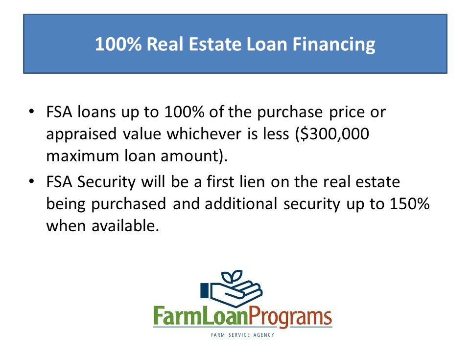 100% Real Estate Loan Financing FSA loans up to 100% of the purchase price or appraised value whichever is less ($300,000 maximum loan amount).