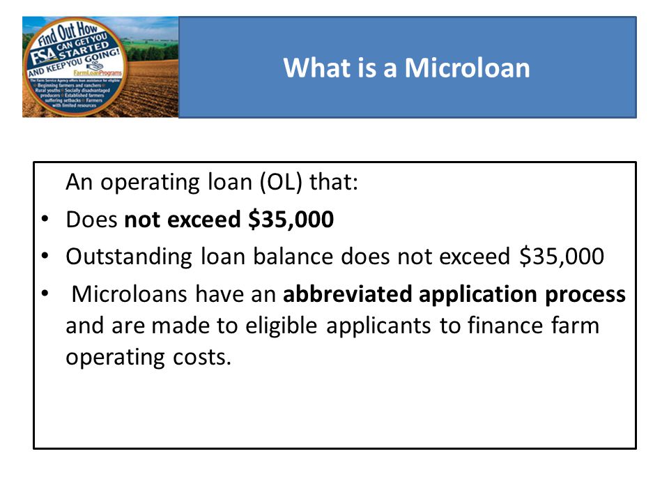 What is a Microloan An operating loan (OL) that: Does not exceed $35,000 Outstanding loan balance does not exceed $35,000 Microloans have an abbreviated application process and are made to eligible applicants to finance farm operating costs.
