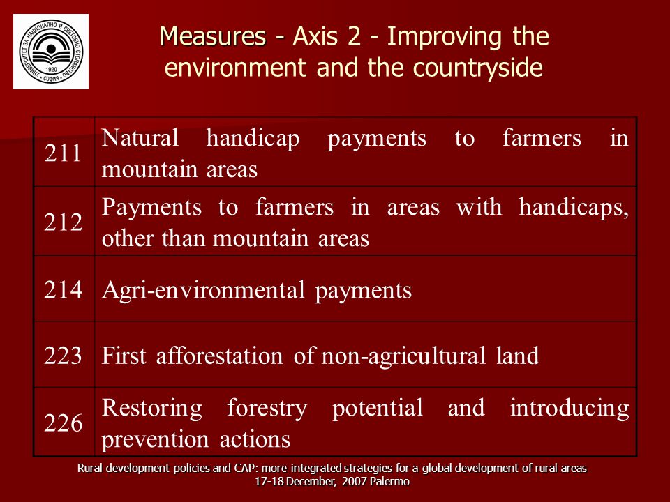 Rural development policies and CAP: more integrated strategies for a global development of rural areas December, 2007 Palermo Measures - Measures - Axis 2 - Improving the environment and the countryside 211 Natural handicap payments to farmers in mountain areas 212 Payments to farmers in areas with handicaps, other than mountain areas 214Agri-environmental payments 223First afforestation of non-agricultural land 226 Restoring forestry potential and introducing prevention actions