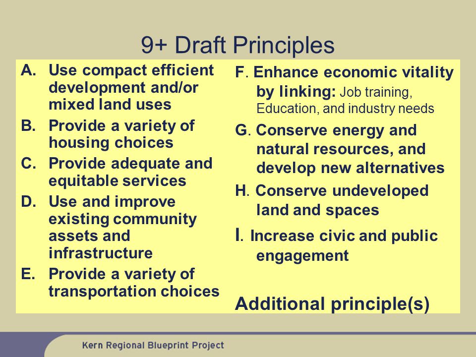9+ Draft Principles A.Use compact efficient development and/or mixed land uses B.Provide a variety of housing choices C.Provide adequate and equitable services D.Use and improve existing community assets and infrastructure E.Provide a variety of transportation choices F.