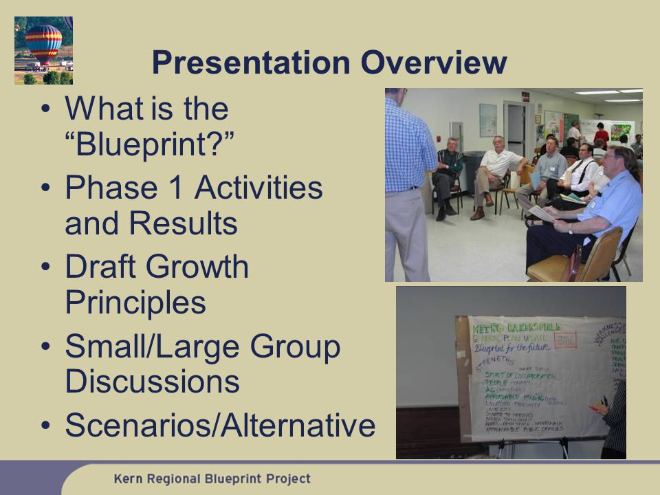 Presentation Overview What is the Blueprint Phase 1 Activities and Results Draft Growth Principles Small/Large Group Discussions Scenarios/Alternative