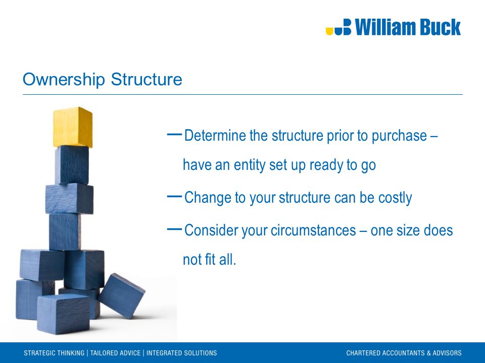 Ownership Structure ― Determine the structure prior to purchase – have an entity set up ready to go ― Change to your structure can be costly ― Consider your circumstances – one size does not fit all.