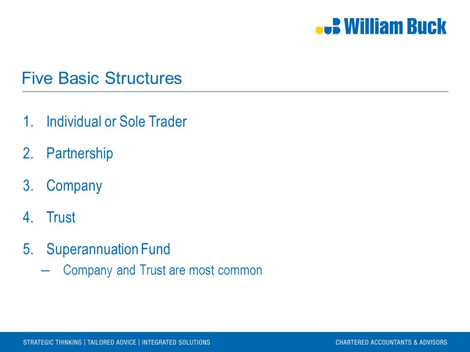 Five Basic Structures 1.Individual or Sole Trader 2.Partnership 3.Company 4.Trust 5.Superannuation Fund ―Company and Trust are most common