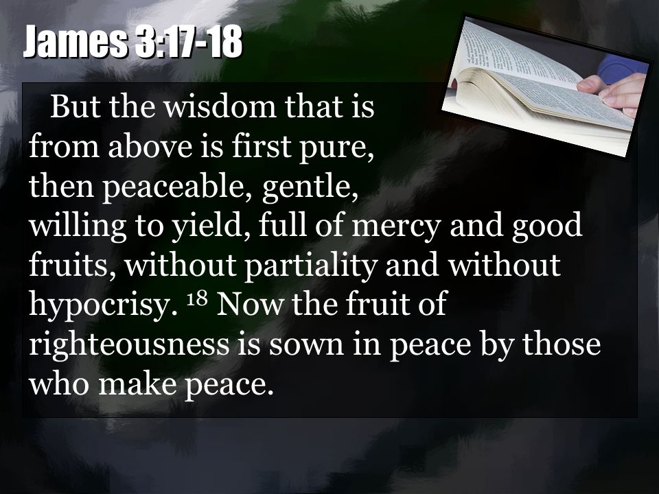 But the wisdom that is from above is first pure, then peaceable, gentle, willing to yield, full of mercy and good fruits, without partiality and without hypocrisy.