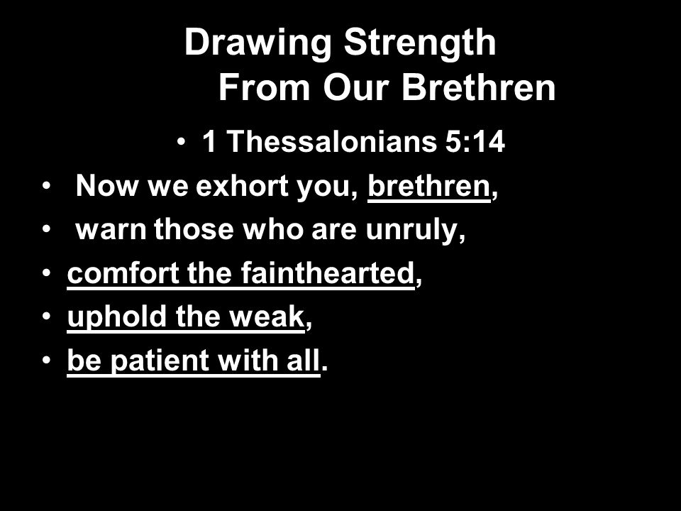 Drawing Strength From Our Brethren 1 Thessalonians 5:14 Now we exhort you, brethren, warn those who are unruly, comfort the fainthearted, uphold the weak, be patient with all.