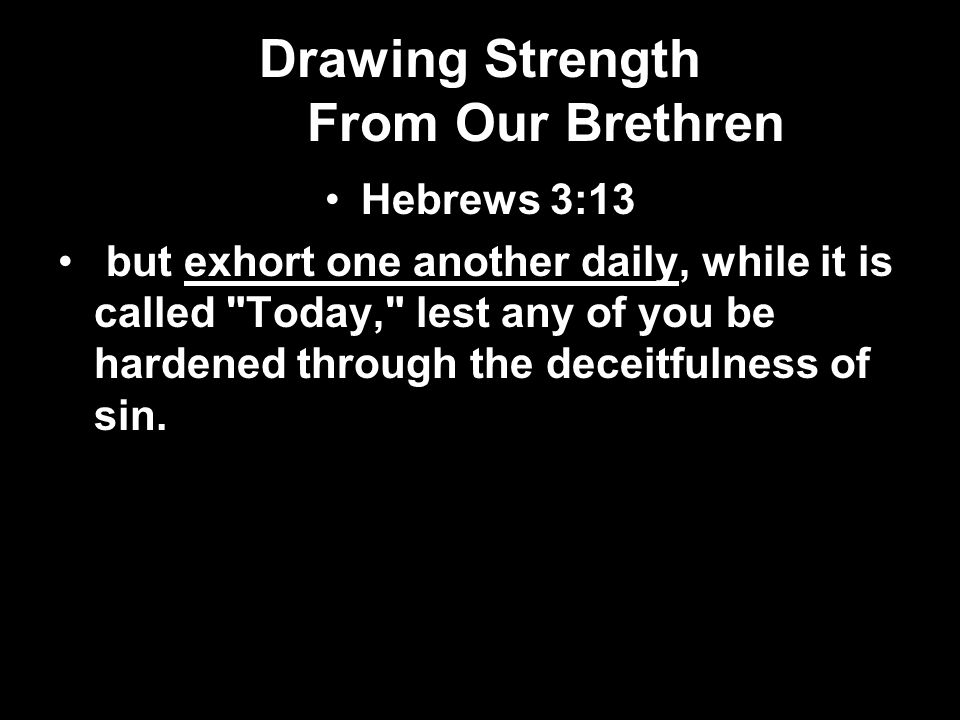 Drawing Strength From Our Brethren Hebrews 3:13 but exhort one another daily, while it is called Today, lest any of you be hardened through the deceitfulness of sin.