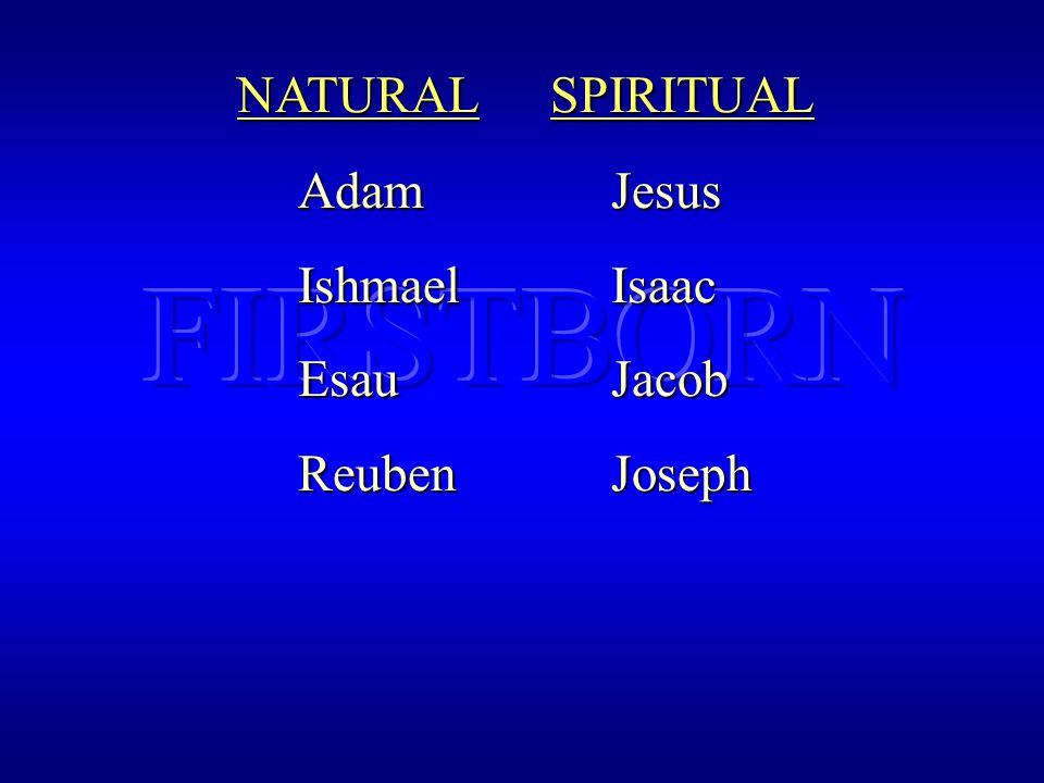 AdamJesus IshmaelIsaac EsauJacob ReubenJoseph NATURALSPIRITUAL