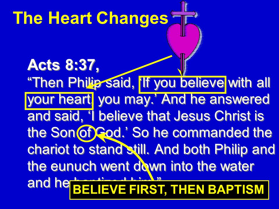 19 The Heart Changes Acts 8:37, Then Philip said, ‘If you believe with all your heart, you may.’ And he answered and said, ‘I believe that Jesus Christ is the Son of God.’ So he commanded the chariot to stand still.