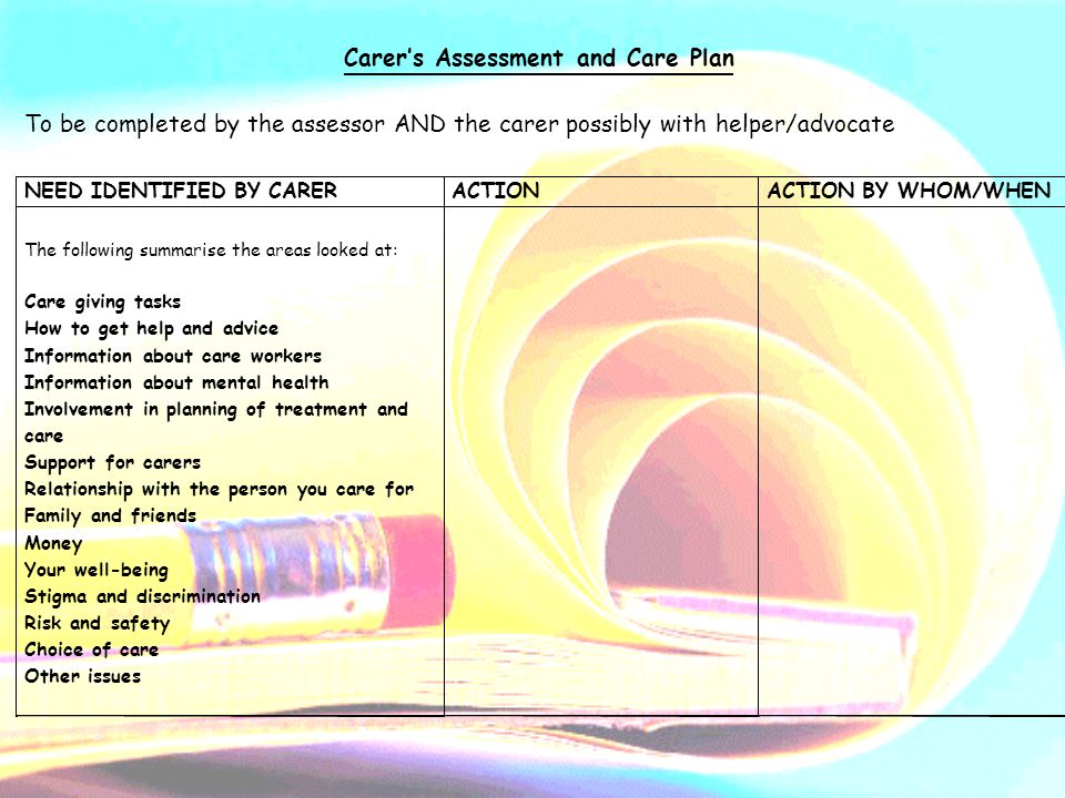 Carer’s Assessment and Care Plan To be completed by the assessor AND the carer possibly with helper/advocate NEED IDENTIFIED BY CARERACTIONACTION BY WHOM/WHEN The following summarise the areas looked at: Care giving tasks How to get help and advice Information about care workers Information about mental health Involvement in planning of treatment and care Support for carers Relationship with the person you care for Family and friends Money Your well-being Stigma and discrimination Risk and safety Choice of care Other issues