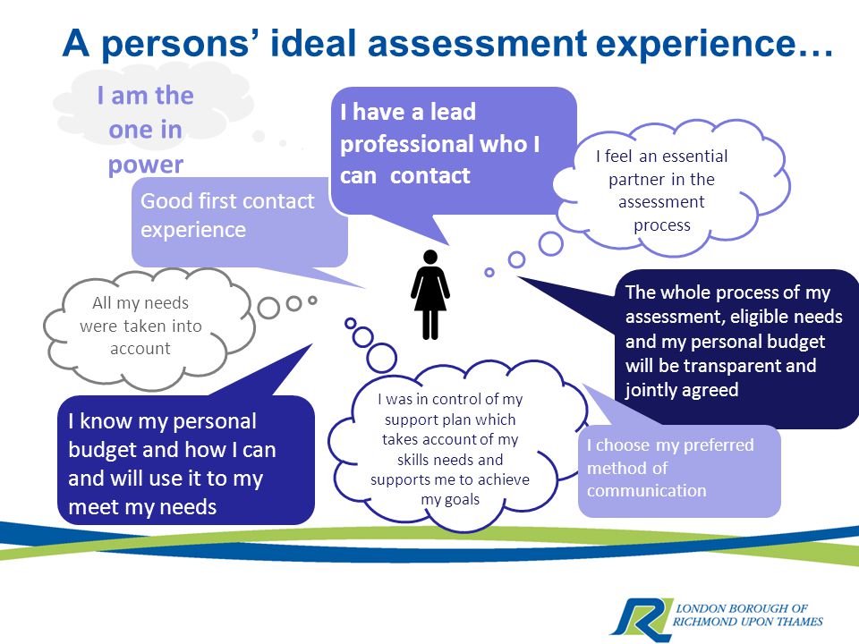 A persons’ ideal assessment experience… The whole process of my assessment, eligible needs and my personal budget will be transparent and jointly agreed All my needs were taken into account I was in control of my support plan which takes account of my skills needs and supports me to achieve my goals I know my personal budget and how I can and will use it to my meet my needs Good first contact experience I have a lead professional who I can contact I choose my preferred method of communication I feel an essential partner in the assessment process I am the one in power