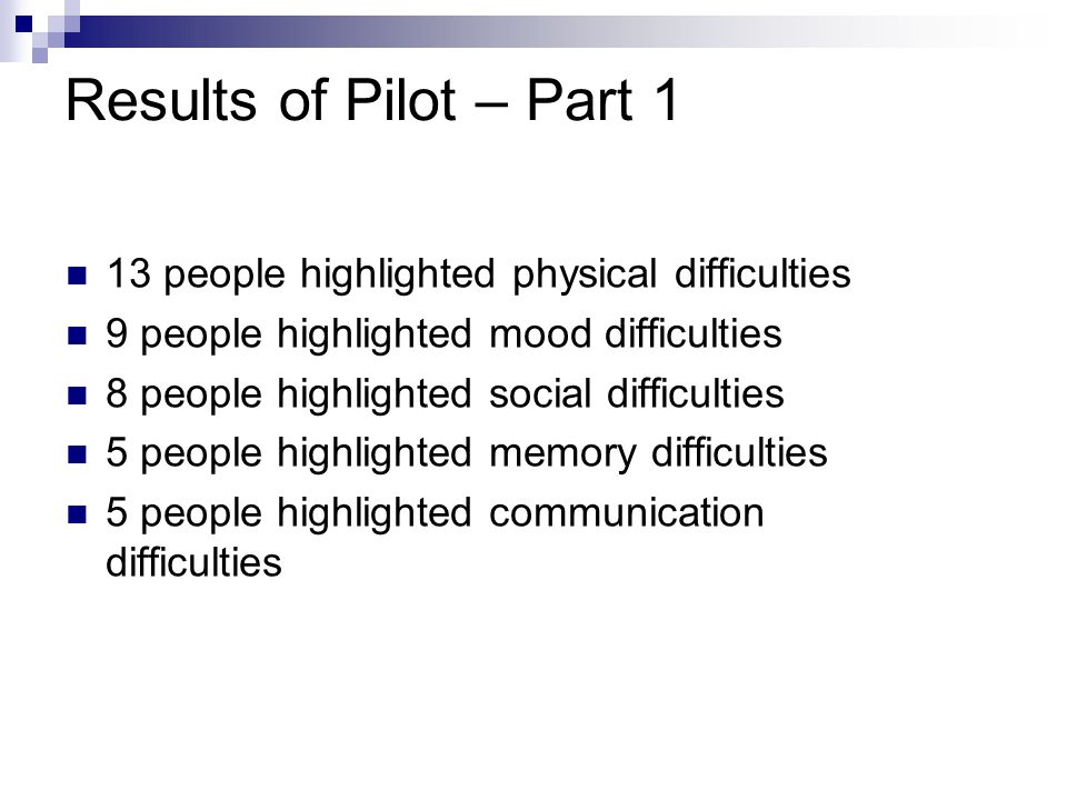 Results of Pilot – Part 1 13 people highlighted physical difficulties 9 people highlighted mood difficulties 8 people highlighted social difficulties 5 people highlighted memory difficulties 5 people highlighted communication difficulties