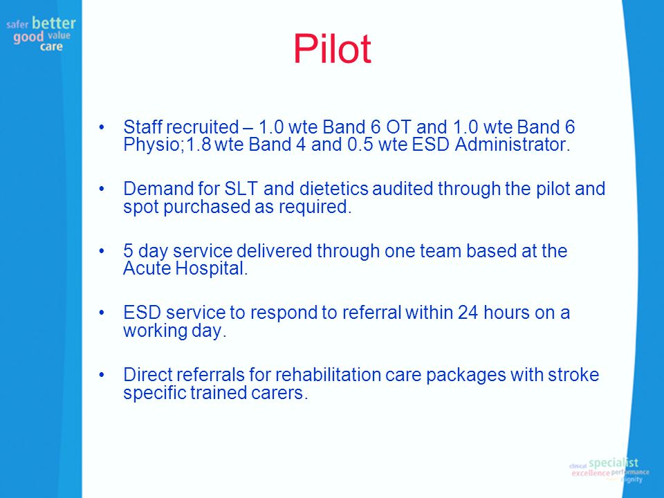 Pilot Staff recruited – 1.0 wte Band 6 OT and 1.0 wte Band 6 Physio;1.8 wte Band 4 and 0.5 wte ESD Administrator.