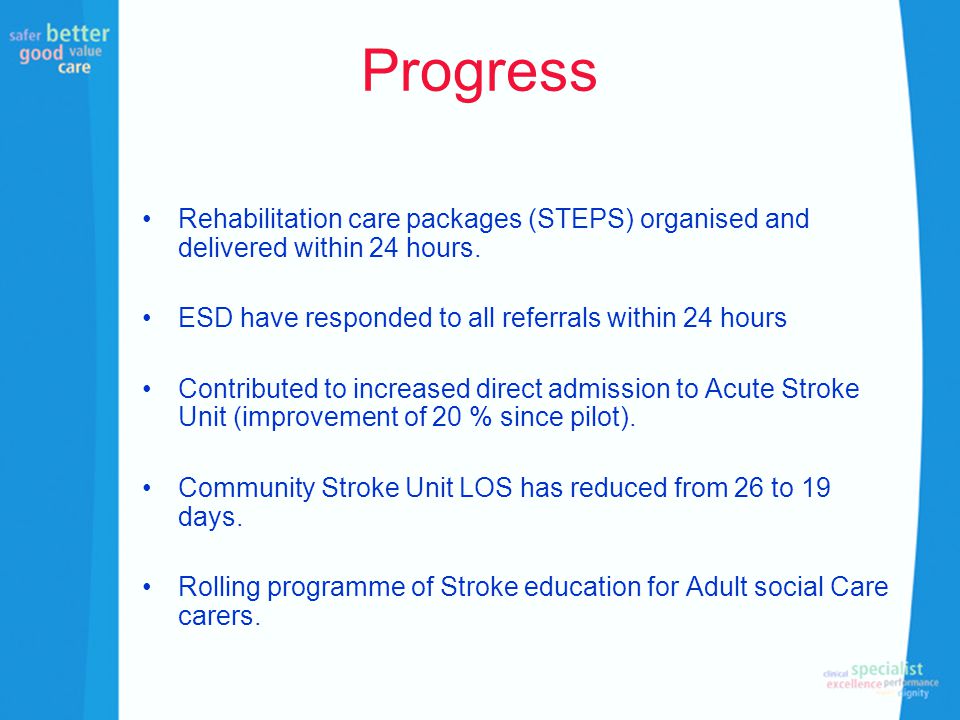 Progress Rehabilitation care packages (STEPS) organised and delivered within 24 hours.