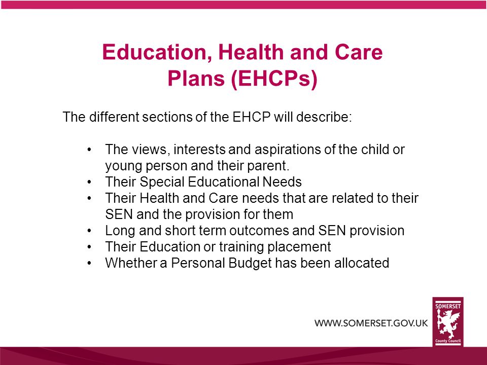 The different sections of the EHCP will describe: The views, interests and aspirations of the child or young person and their parent.