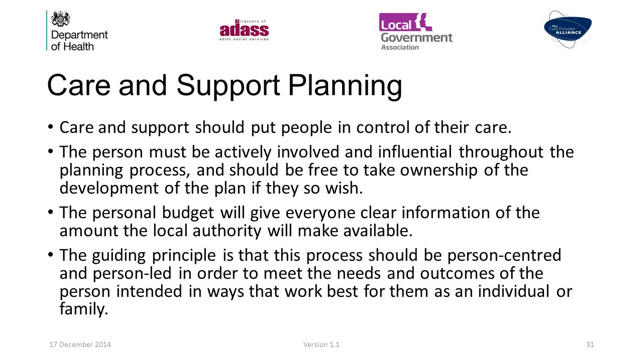Care and Support Planning Care and support should put people in control of their care.