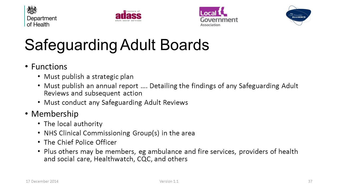 Safeguarding Adult Boards Functions Must publish a strategic plan Must publish an annual report ….