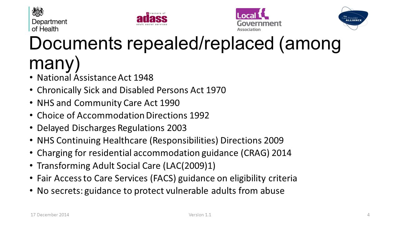 Documents repealed/replaced (among many) National Assistance Act 1948 Chronically Sick and Disabled Persons Act 1970 NHS and Community Care Act 1990 Choice of Accommodation Directions 1992 Delayed Discharges Regulations 2003 NHS Continuing Healthcare (Responsibilities) Directions 2009 Charging for residential accommodation guidance (CRAG) 2014 Transforming Adult Social Care (LAC(2009)1) Fair Access to Care Services (FACS) guidance on eligibility criteria No secrets: guidance to protect vulnerable adults from abuse 17 December 2014Version 1.14