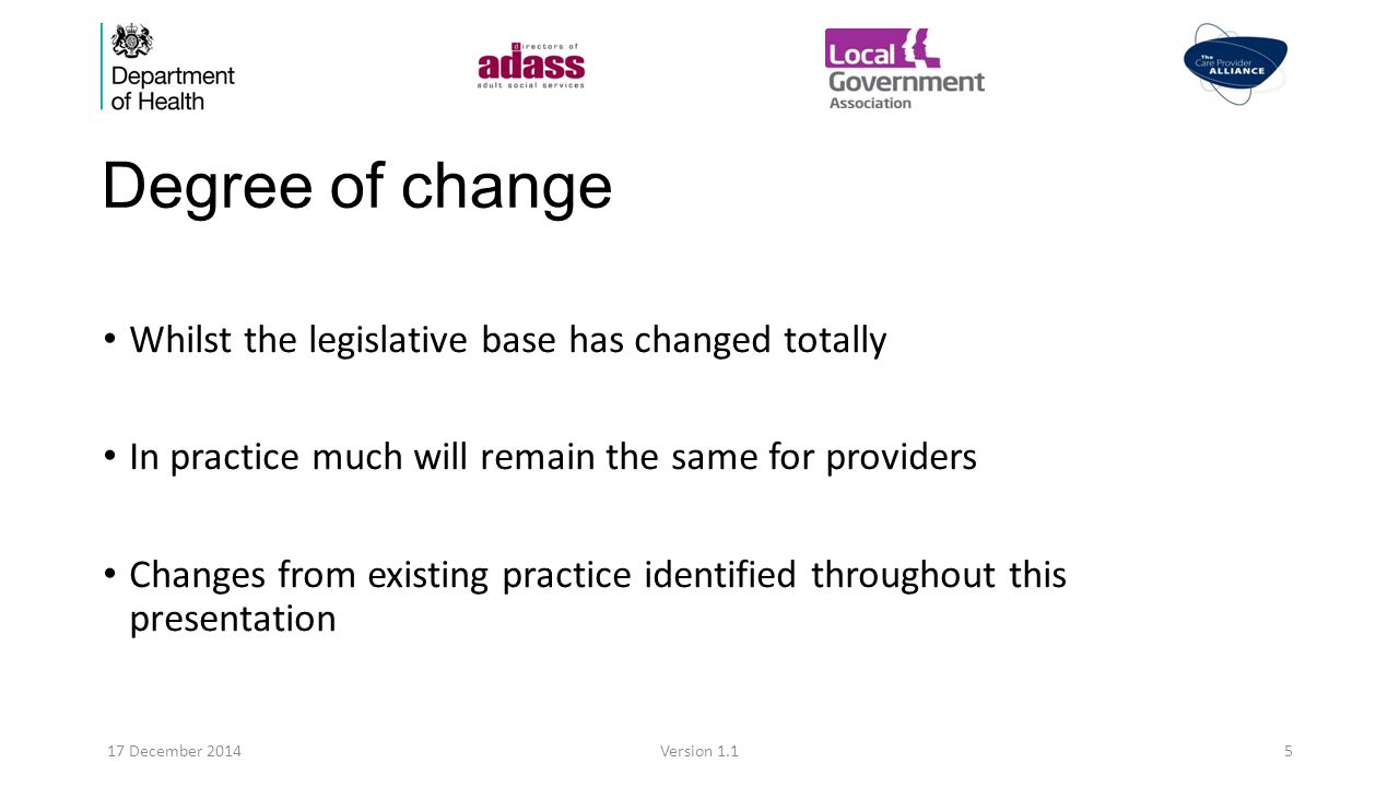Degree of change Whilst the legislative base has changed totally In practice much will remain the same for providers Changes from existing practice identified throughout this presentation 17 December 2014Version 1.15