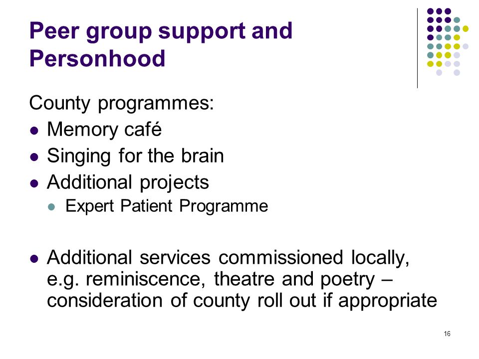 16 Peer group support and Personhood County programmes: Memory café Singing for the brain Additional projects Expert Patient Programme Additional services commissioned locally, e.g.