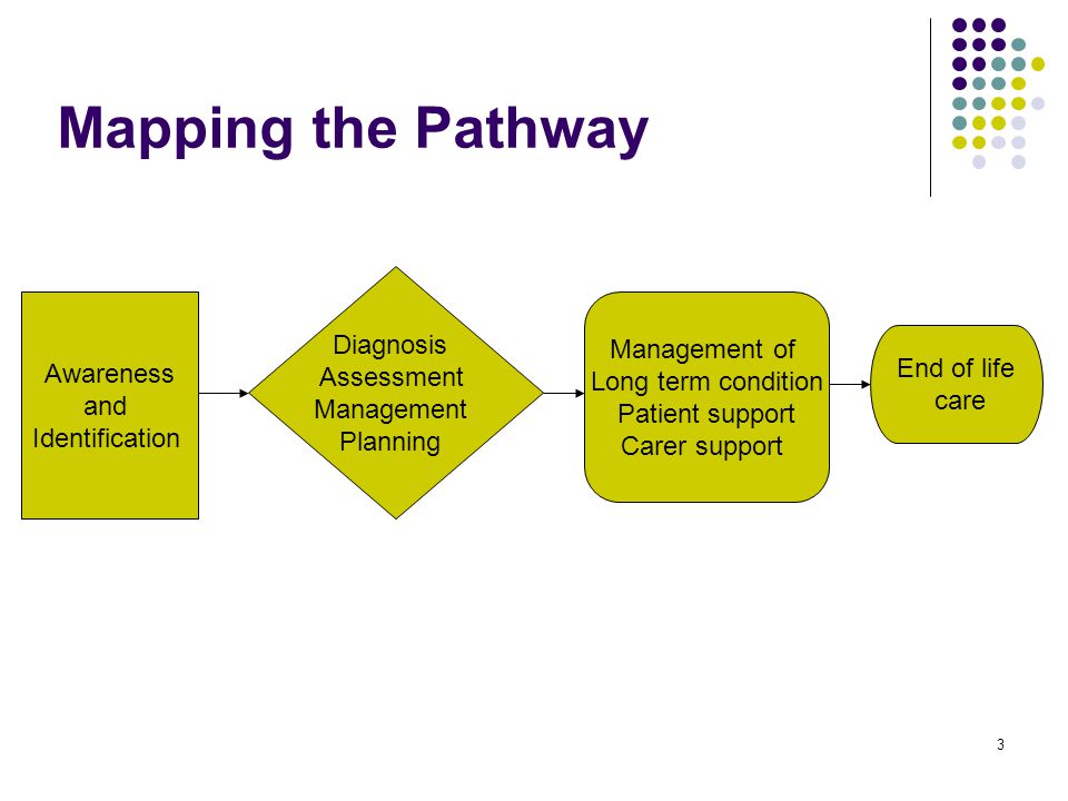 3 Awareness and Identification Diagnosis Assessment Management Planning Management of Long term condition Patient support Carer support Mapping the Pathway End of life care