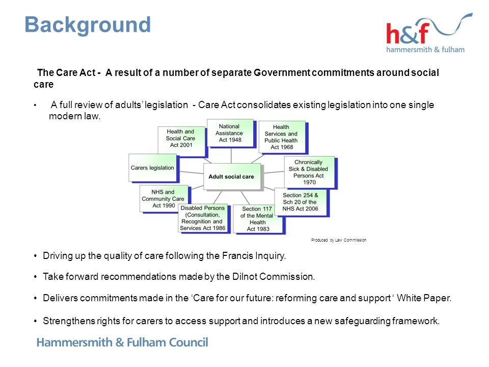 Background The Care Act - A result of a number of separate Government commitments around social care A full review of adults’ legislation - Care Act consolidates existing legislation into one single modern law.
