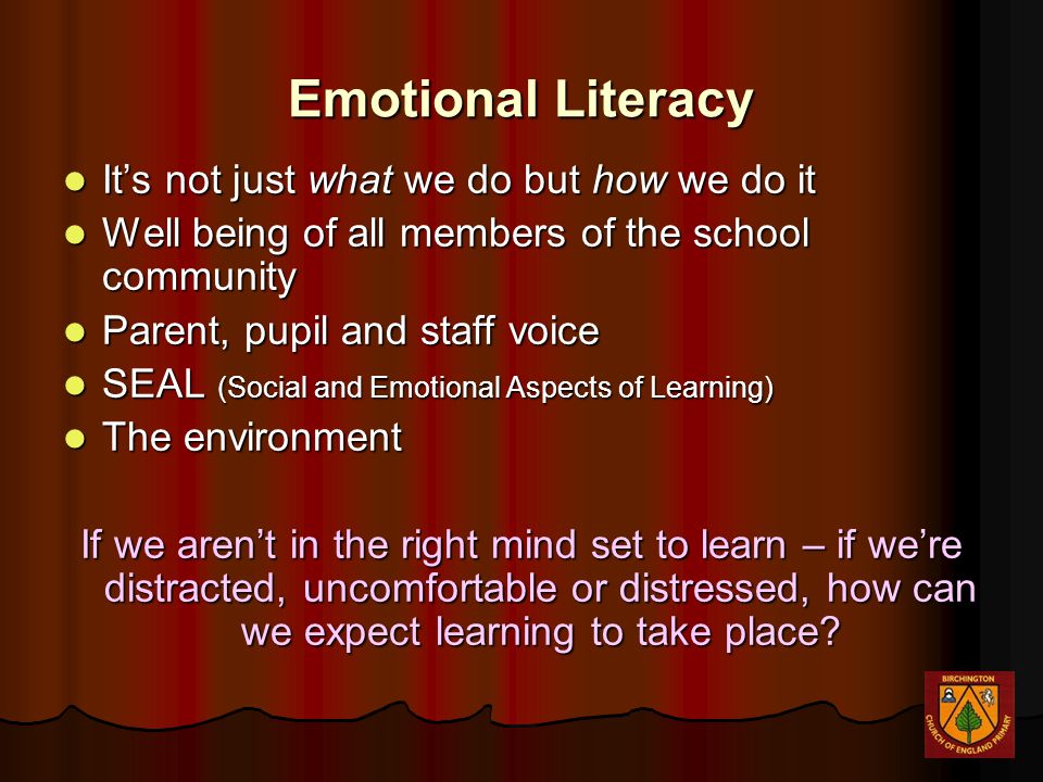 Emotional Literacy It’s not just what we do but how we do it It’s not just what we do but how we do it Well being of all members of the school community Well being of all members of the school community Parent, pupil and staff voice Parent, pupil and staff voice SEAL (Social and Emotional Aspects of Learning) SEAL (Social and Emotional Aspects of Learning) The environment The environment If we aren’t in the right mind set to learn – if we’re distracted, uncomfortable or distressed, how can we expect learning to take place