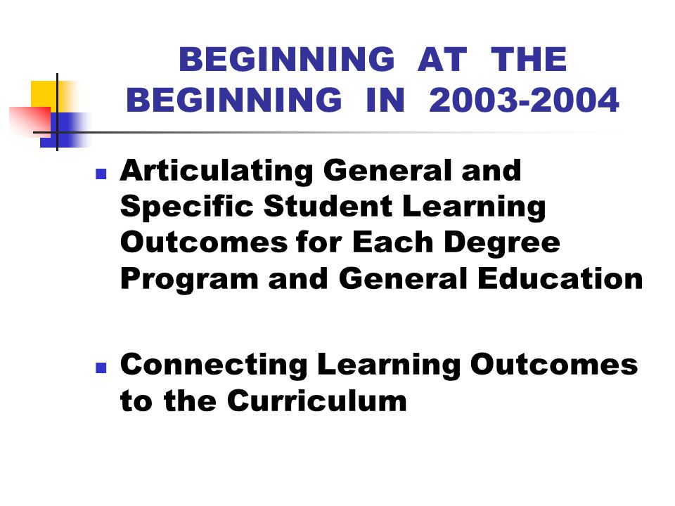 EIGHT ELEMENTS OF STUDENT LEARNING OUTCOMES ASSESSMENT Articulating Student Learning Outcomes Connecting Outcomes to the Curriculum Connecting Outcomes to Assessment Methods Articulating Expected Results with Respect to Outcomes Articulating the Assessment Plan for Collecting and Analyzing Data Collecting and Analyzing Data Comparing Actual and Expected Results Using Results for Improvement