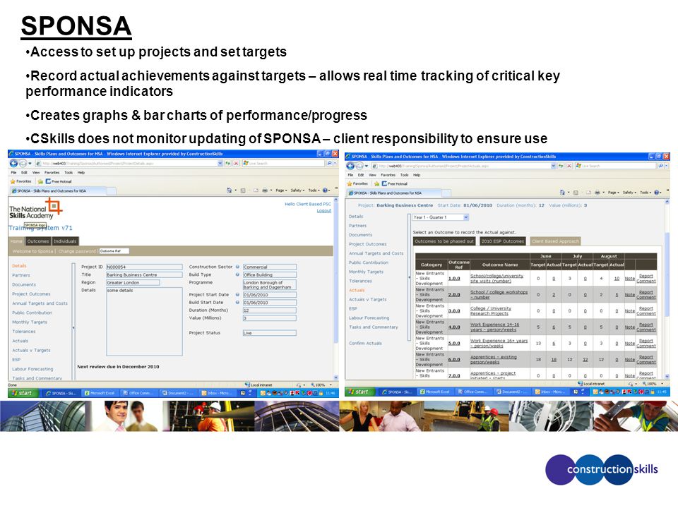 SPONSA Access to set up projects and set targets Record actual achievements against targets – allows real time tracking of critical key performance indicators Creates graphs & bar charts of performance/progress CSkills does not monitor updating of SPONSA – client responsibility to ensure use