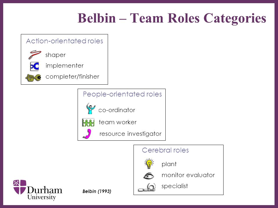 ∂ Belbin – Team Roles Categories Action-orientated roles shaper implementer completer/finisher People-orientated roles co-ordinator team worker resource investigator Cerebral roles plant monitor evaluator specialist Belbin (1993)