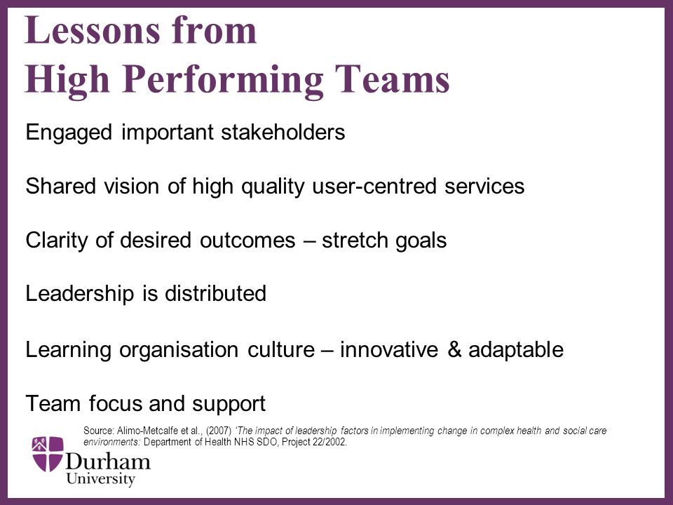 ∂ Lessons from High Performing Teams Engaged important stakeholders Shared vision of high quality user-centred services Clarity of desired outcomes – stretch goals Leadership is distributed Learning organisation culture – innovative & adaptable Team focus and support Source: Alimo-Metcalfe et al., (2007) ‘The impact of leadership factors in implementing change in complex health and social care environments: Department of Health NHS SDO, Project 22/2002.