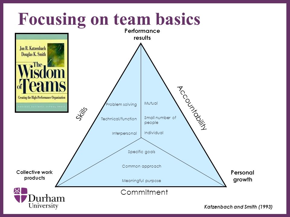 ∂ Focusing on team basics Katzenbach and Smith (1993) Problem solving Technical/function Interpersonal Mutual Small number of people Individual Specific goals Common approach Meaningful purpose Skills Accountability Commitment Collective work products Personal growth Performance results